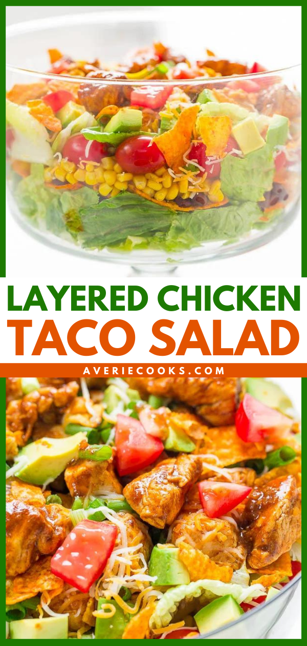 Layered Chicken Taco Salad — Juicy chicken, avocado, tomatoes, corn, black beans, cheese, tortilla chips, and more in this LOADED salad that's EASY and ready in 15 minutes!! A creamy lime-cilantro dressing adds tons of FLAVOR!!