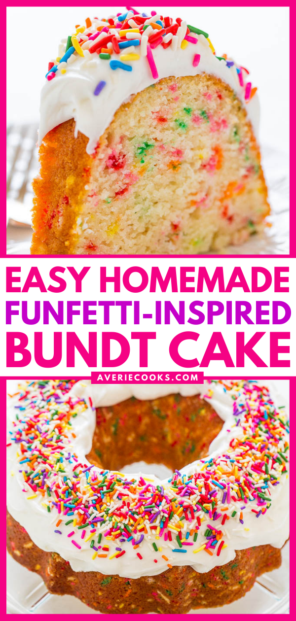 Easy Homemade Funfetti Bundt Cake — NO cake mix in this 100% HOMEMADE funfetti cake and it tastes amazing!! Fast, EASY, and the BEST scratch funfetti cake recipe that's loaded with sprinkles!!