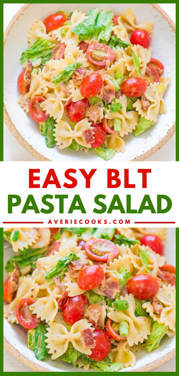 BLT Makarna Salatası — KOLAY, 15 dakikada hazır, bir kalabalığı besliyor ve yemekler ve partiler için MÜKEMMEL.  Kremalı çiftlik sosu, makarnayı ve BACON'u mükemmel bir şekilde kaplar.  Garantili aile FAVORİ!