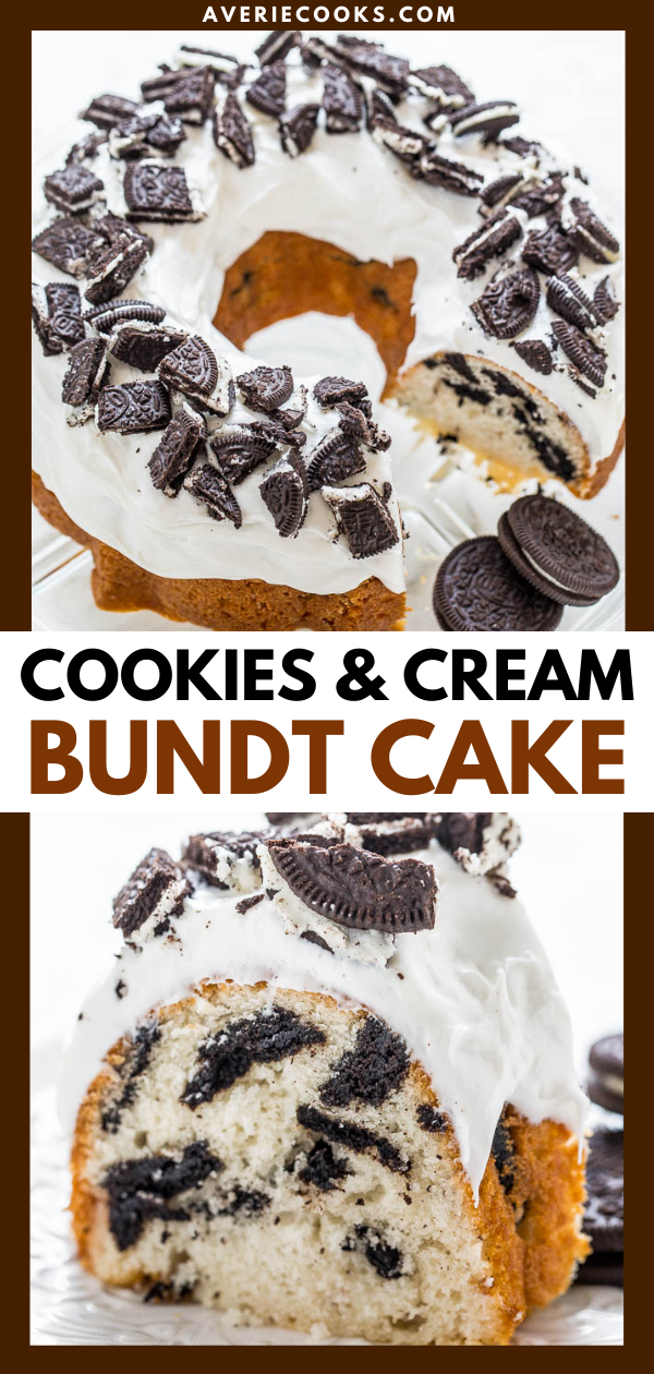 Cookies and Cream Bundt Cake - Soft, tender cake loaded with chunks of Oreos in every bite with more Oreos on top!! Easy and a crowd favorite!!