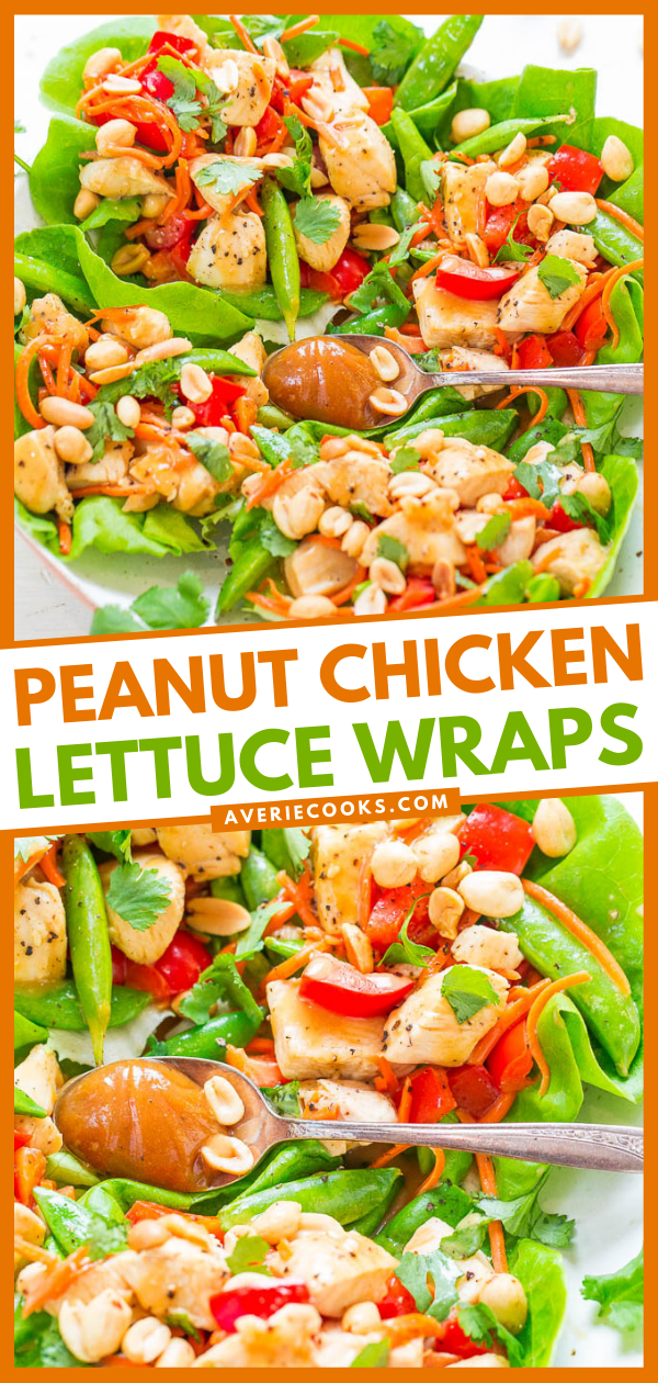 Peanut Chicken Lettuce Wraps — EASY, ready in 20 minutes, HEALTHY, and the peanut sauce is the BEST!! Great flavors and textures in every bite of these IRRESISTIBLE wraps!!