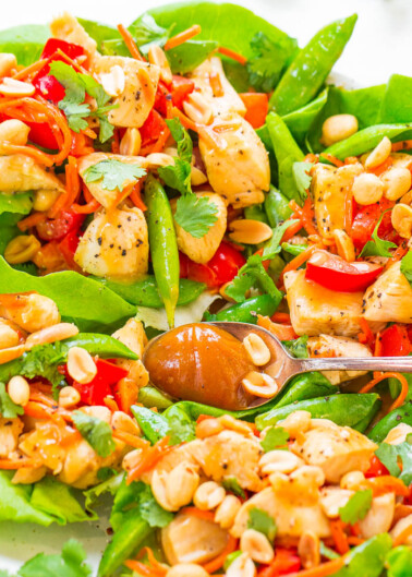 A vibrant chicken salad with snow peas, cherry tomatoes, peanuts, and herbs served on a plate.