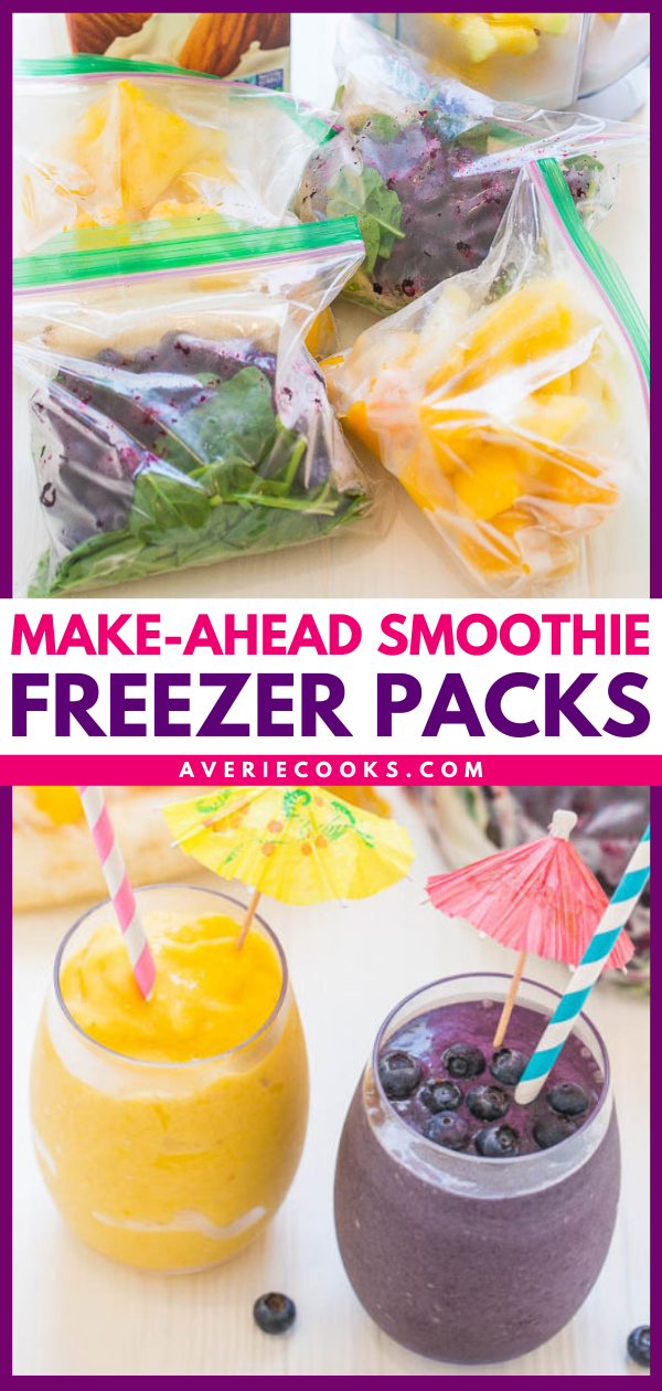 Make-Ahead Smoothie Freezer Packs - Prep your breakfasts and snacks for the week with these easy and DELISH freezer pack smoothie recipes!! They'll make your mornings and your life so much EASIER!!