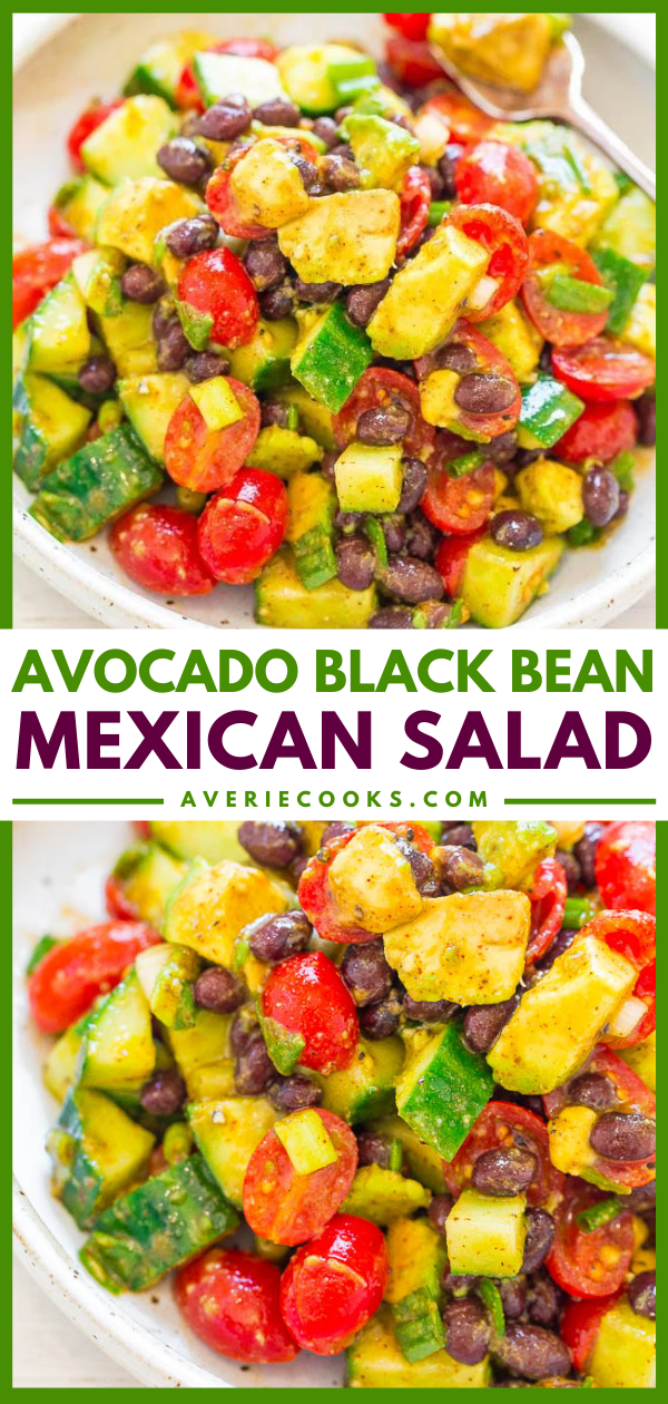 Avocado Black Bean Mexican Salad - EASY, ready in 10 minutes, and there's so much FLAVOR from the lime-cumin-chili vinaigrette!! Great for lunch or a meatless Monday dinner! Accidentally vegan, gluten-free, HEALTHY, and DELISH!!