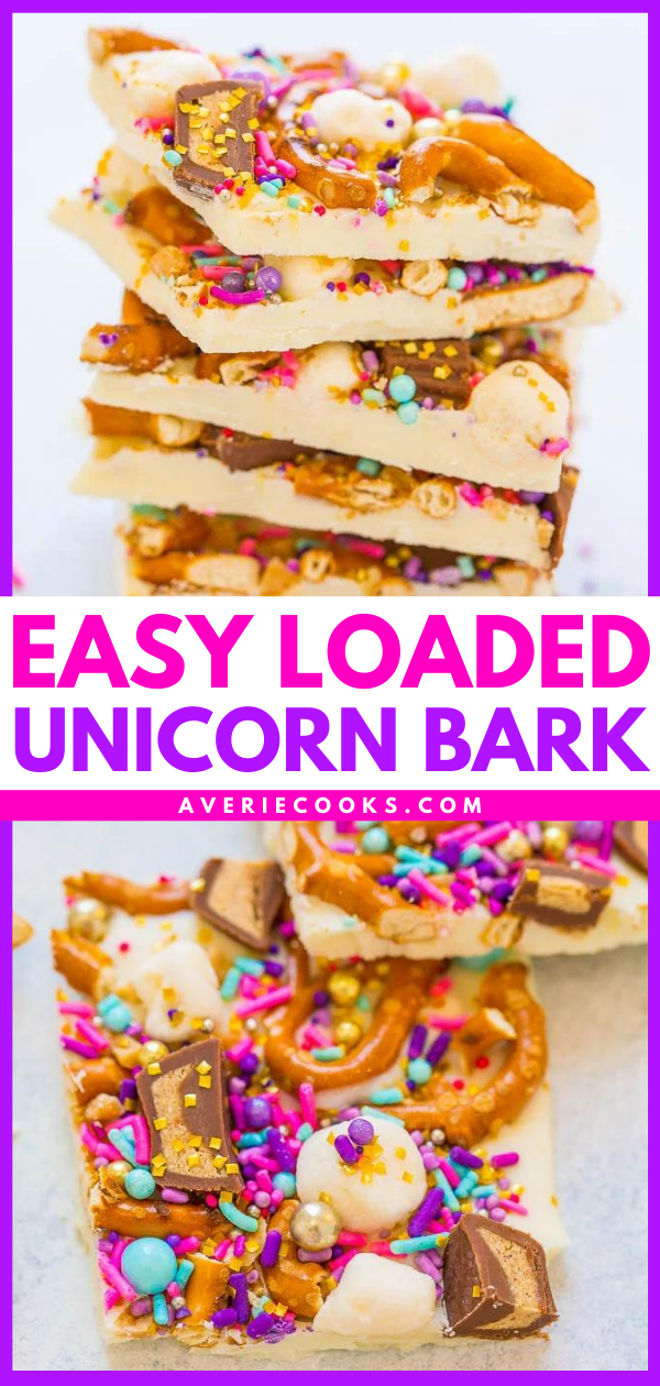 Loaded Unicorn Bark - Forget about that drink you missed out on and make this EASY white chocolate bark in 5 minutes!! It's LOADED with pretzels, peanut butter cups, marshmallows, and sprinkles! Guaranteed to put a SMILE on everyone's face!!