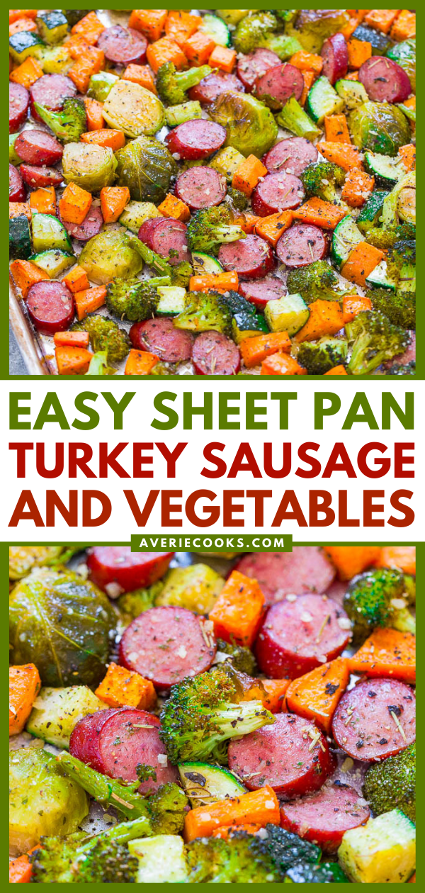Sheet Pan Turkey Sausage and Vegetables — An EASY, one-pan recipe the whole family will love!! Seasoned crisp-tender veggies, juicy sausage, and Parmesan cheese for the DELISH dinnertime WIN!!