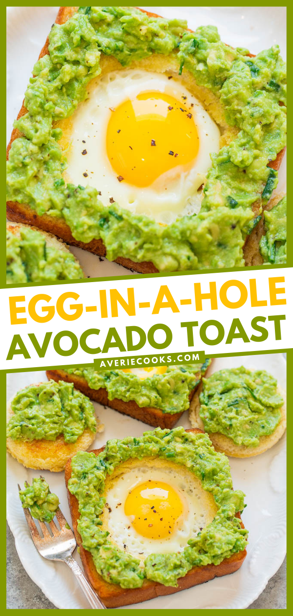 Egg-in-a-Hole Avocado Toast — Slathering warm egg in a hole toast with a creamy chive and lime-scented avocado spread is beyond DELICIOUS!! This avocado toast with egg is EASY, ready in 15 minutes, and perfect ANYTIME!!