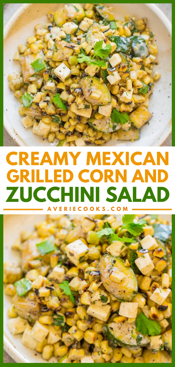 Creamy Corn and Zucchini Salad — A healthy EASY salad that's ready in 15 minutes and so flavorful!! Corn, zucchini, cilantro, queso fresco and more are tossed in a DELISH creamy lime sauce!!