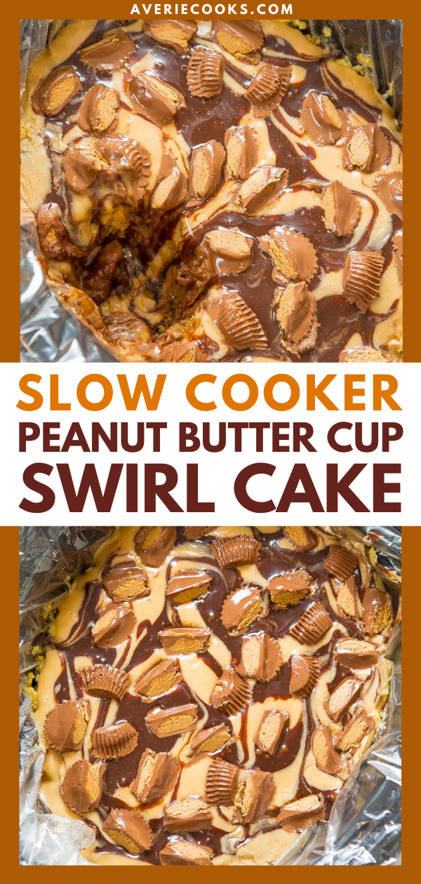 Yellow cake  is spiked with peanut butter, hot fudge, topped with a peanut butter glaze, more hot fudge, and sprinkled with peanut butter cups!! It's rich, decadent, SO EASY, and made in a slow cooker!!
