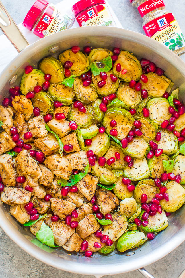 Jeweled Honey Balsamic Chicken and Brussels Sprouts - EASY, one-skillet, healthy, ready in 15 minutes, and loaded with FALL FLAVORS!! Juicy chicken, crisp-tender sprouts, tangy balsamic, sweet honey, and seasoned to perfection!!