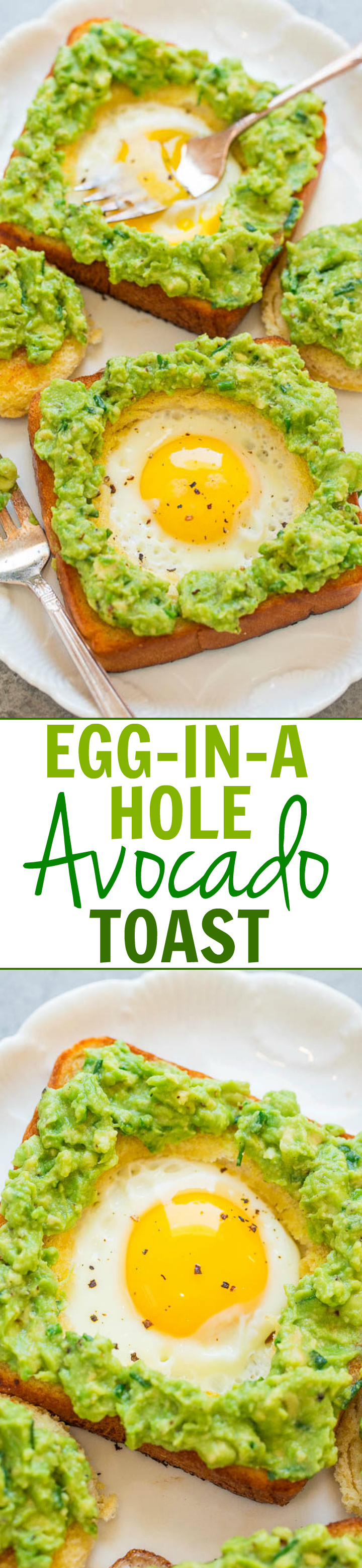 Egg-in-a-Hole Avocado Toast — Slathering warm egg in a hole toast with a creamy chive and lime-scented avocado spread is beyond DELICIOUS!! This avocado toast with egg is EASY, ready in 15 minutes, and perfect ANYTIME!!