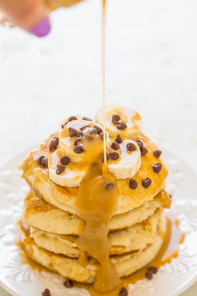 Peanut Butter Banana Protein Pancakes - Light, fluffy, EASY pancakes that pack 13+ grams of PROTEIN per serving!! The peanut butter-maple syrup is rich, decadent, and you'll never settle for plain maple syrup again!!