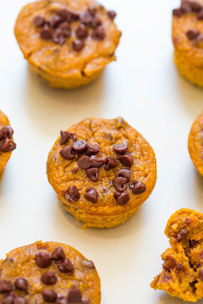 Mini Flourless Pumpkin Chocolate Chip Blender Muffins - The EASIEST pumpkin muffins ever!! Everything is mixed together in your blender! Super soft, moist, brimming with bold pumpkin flavor, and chocolate chips in every bite!! DELISH!! 