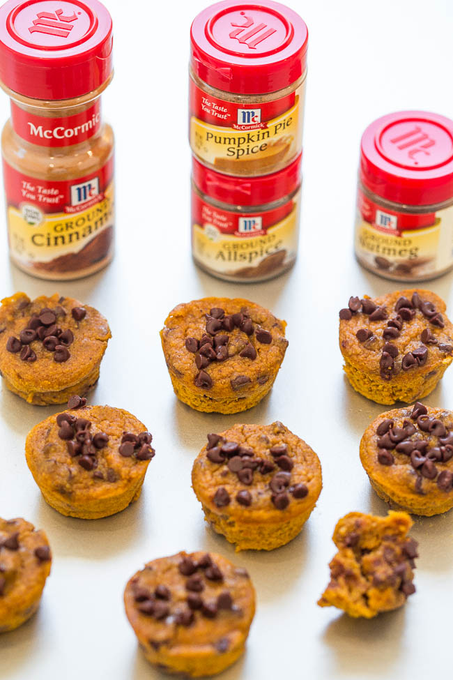 Mini Flourless Pumpkin Chocolate Chip Blender Muffins - The EASIEST pumpkin muffins ever!! Everything is mixed together in your blender! Super soft, moist, brimming with bold pumpkin flavor, and chocolate chips in every bite!! DELISH!! 