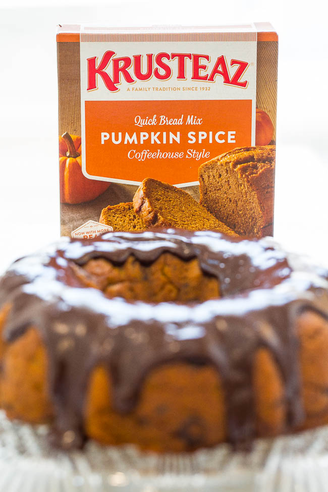 Pumpkin Chocolate Chip Bundt Cake - Fast, EASY, and the moistest pumpkin cake you'll ever taste!! Loaded with chocolate chips in every bite and topped with a heavenly chocolate ganache! Sinfully rich and decadent!!
