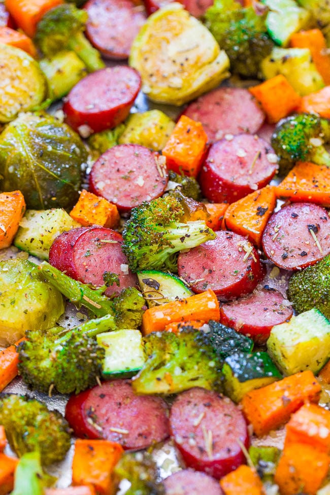 Sheet Pan Turkey Sausage and Vegetables - An EASY, one-pan recipe the whole family will love!! Seasoned crisp-tender veggies, juicy sausage, and Parmesan cheese for the DELISH dinnertime WIN!! 