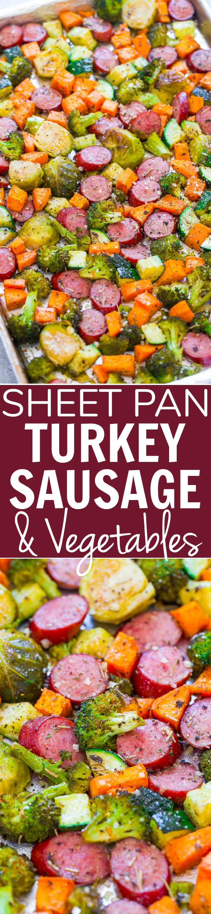 Sheet Pan Turkey Sausage and Vegetables - An EASY, one-pan recipe the whole family will love!! Seasoned crisp-tender veggies, juicy sausage, and Parmesan cheese for the DELISH dinnertime WIN!! 