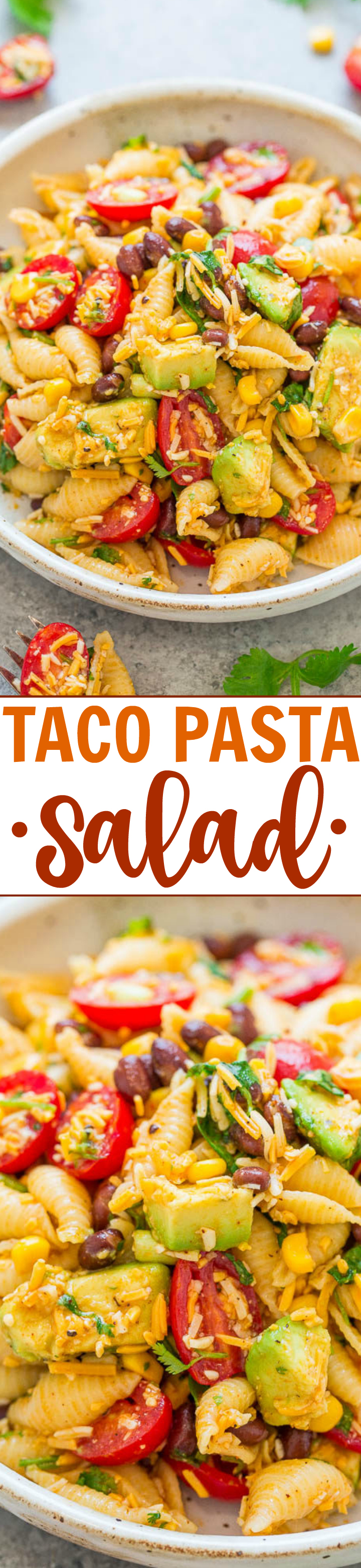 Taco Pasta Salad - EASY, ready in 20 minutes, and loaded with great Mexican-inspired ingredients including corn, black beans, tomatoes, cilantro, avocado, and more!! Perfect for picnics, parties, and potlucks!! 