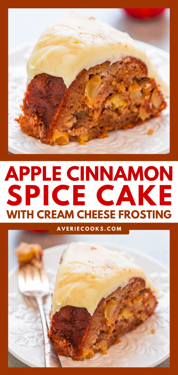 Apple Spice Cake with Cream Cheese Frosting — An EASY, one-bowl, no-mixer apple cake that's to-die-for!! Loaded with juicy apples in every bite, perfectly spiced, and topped with tangy cream cheese frosting! So DELISH!!