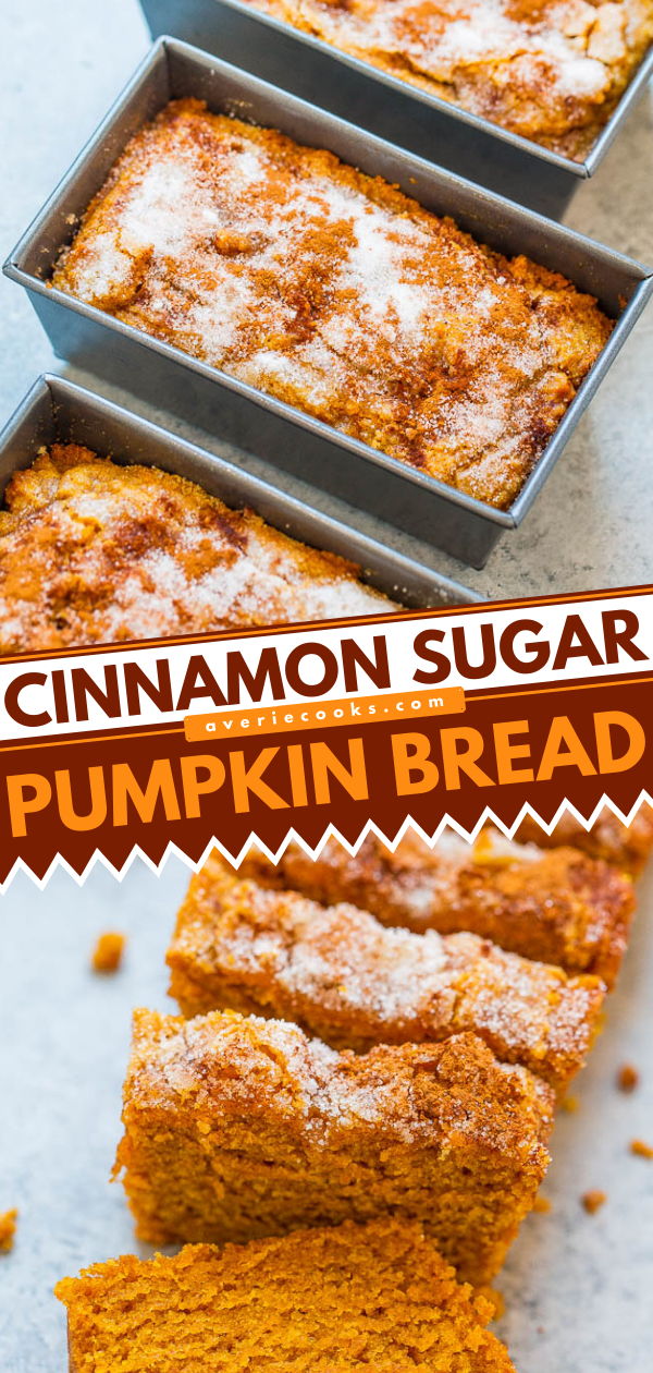 Cinnamon Sugar Pumpkin Bread — Super soft, tender, moist pumpkin bread with a slightly crunchy cinnamon sugar topping!! The mini loaves are EASY, brimming will fall flavors, totally IRRESISTIBLE, and accidentally vegan!!