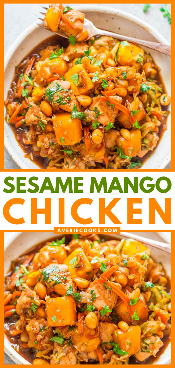 Sesame Mango Chicken - An EASY Asian-inspired recipe with tender sesame chicken, juicy mango, and soy-garlic-ginger infused cabbage and carrots!! One skillet, ready in 15 minutes, and perfect for busy weeknights!!