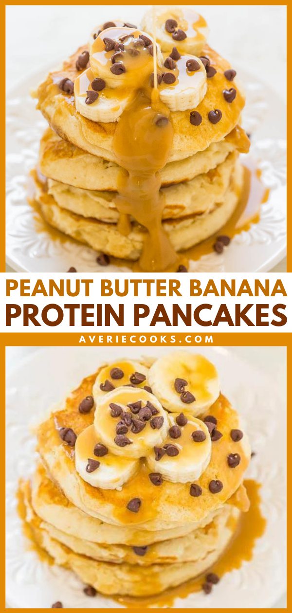 Peanut Butter Banana Protein Pancakes — Light, fluffy, EASY pancakes that pack 13+ grams of PROTEIN per serving!! The peanut butter-infused maple syrup is rich, decadent, and you'll never settle for plain maple syrup again!!