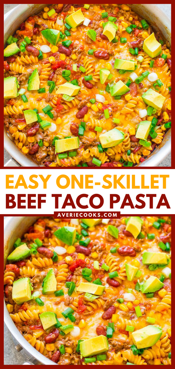 One-Skillet Beef Taco Pasta — An EASY recipe that's ready in 20 minutes, made in ONE skillet, and loaded with Mexican-inspired flavors!! A family favorite that's great for busy weeknights!!