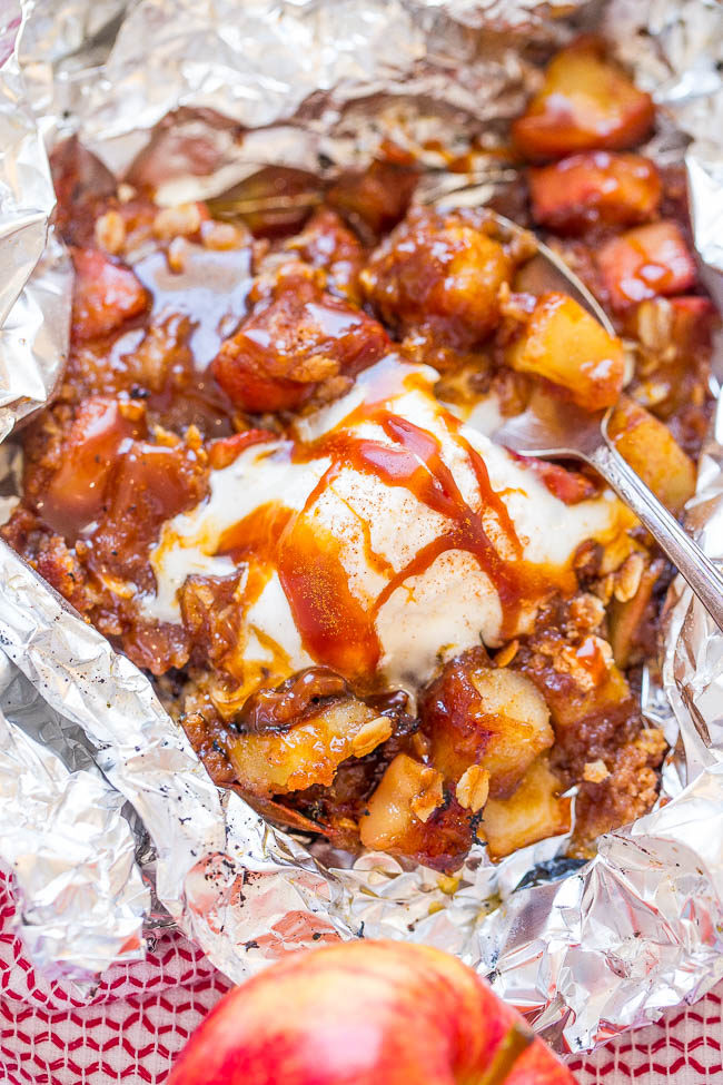 Caramel Apple Crumble Foil Packs with a spoonful