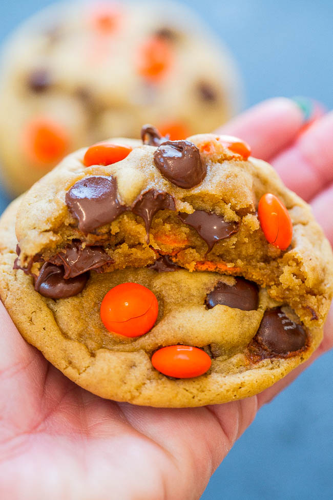 holding a Chocolate Chip M&M's Halloween Cookie