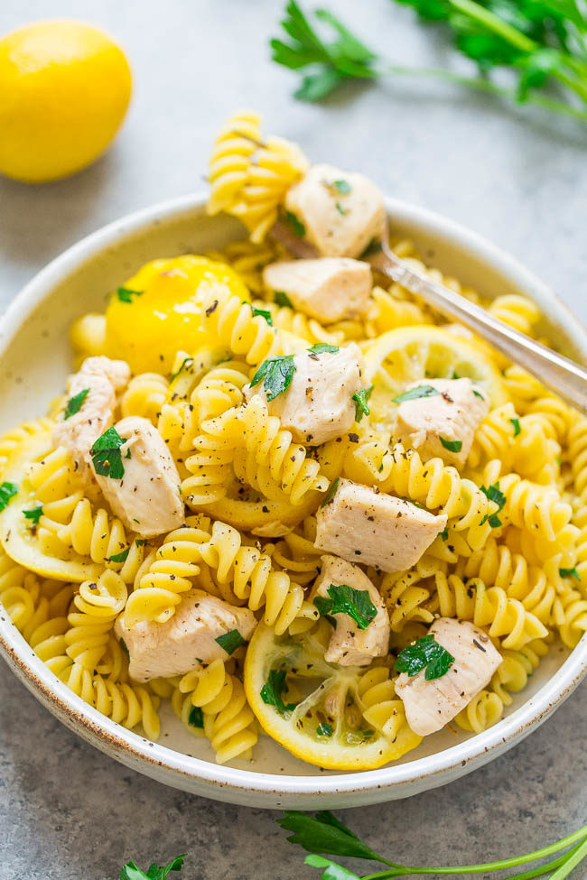 Overhead shot of One-Bag Lemon Chicken and Pasta in a white bowl