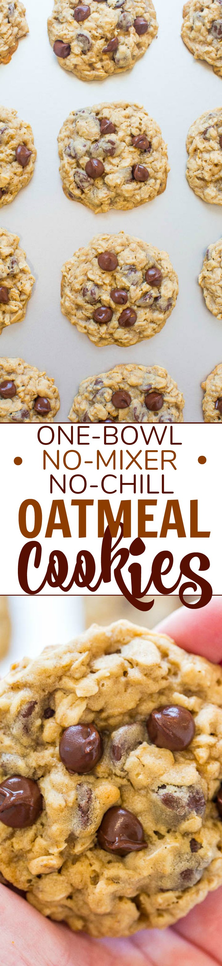 One-Bowl, No-Mixer, No-Chill Oatmeal Cookies - An incredibly FAST and EASY recipe that produces perfectly thick cookies with chewy edges and soft centers!! One bowl to wash, no mixer to drag out, and no waiting around!!
