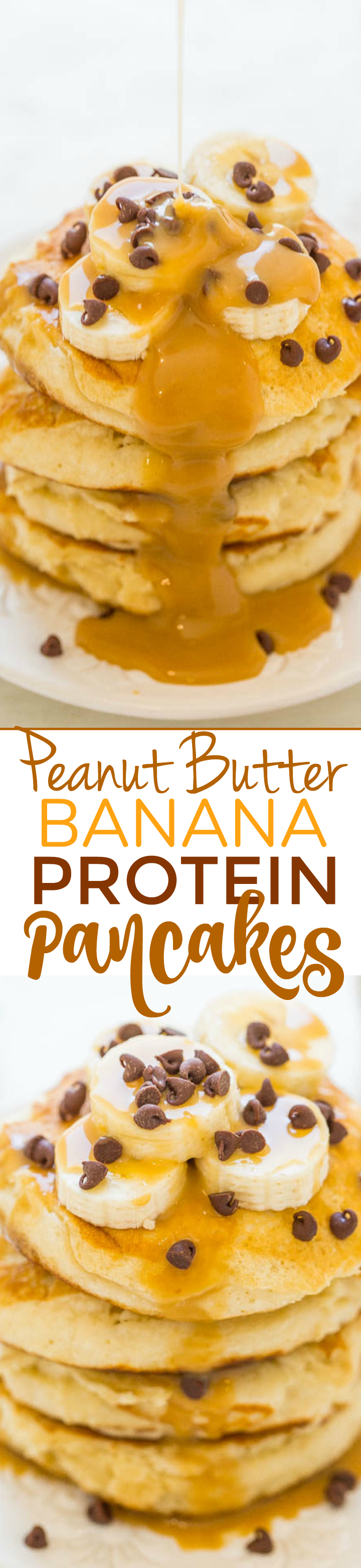 Peanut Butter Banana Protein Pancakes - Light, fluffy, EASY pancakes that pack 13+ grams of PROTEIN per serving!! The peanut butter-maple syrup is rich, decadent, and you'll never settle for plain maple syrup again!!