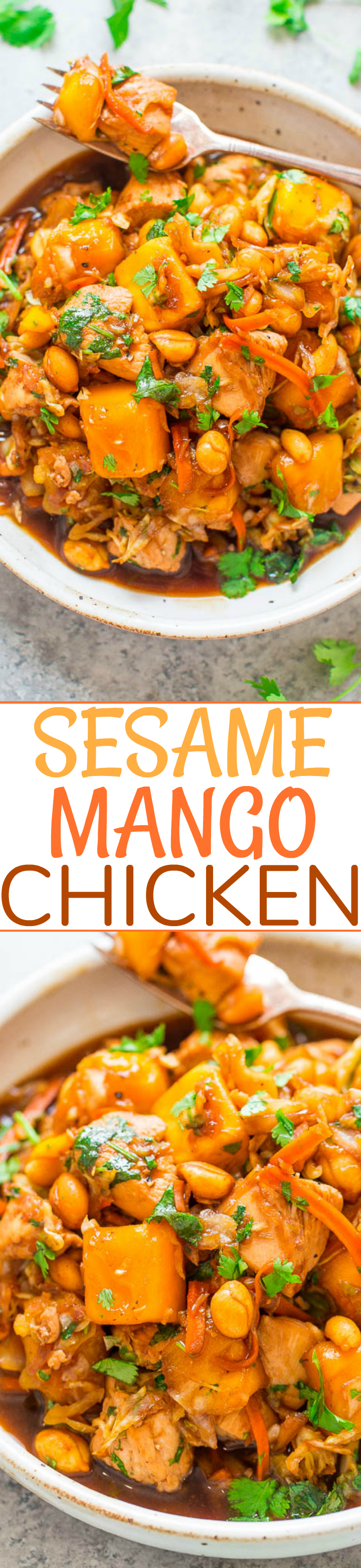Sesame Mango Chicken - An EASY Asian-inspired recipe with tender sesame chicken, juicy mango, and soy-garlic-ginger infused cabbage and carrots!! One skillet, ready in 15 minutes, and perfect for busy weeknights!!