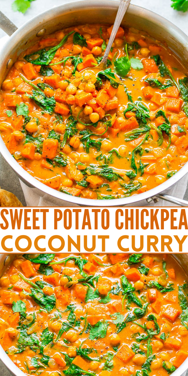 Chickpea Sweet Potato Curry — An EASY one-skillet curry that's ready in 30 minutes and is layered with so many fabulous flavors!! HEALTHY comfort food that tastes AMAZING!!