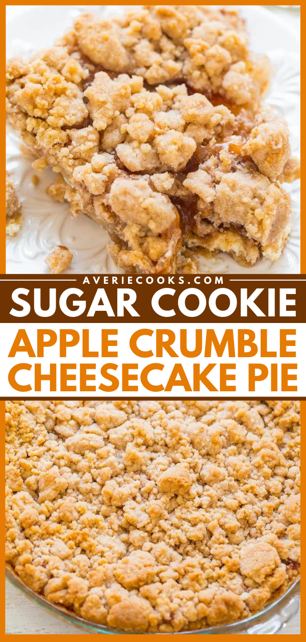 Apple Cream Cheese Pie — A buttery sugar cookie crust, tangy cream cheese filling, tender juicy apples, and a crumble topping make this pie a total SHOWSTOPPER!! EASY and THE BEST apple pie!!