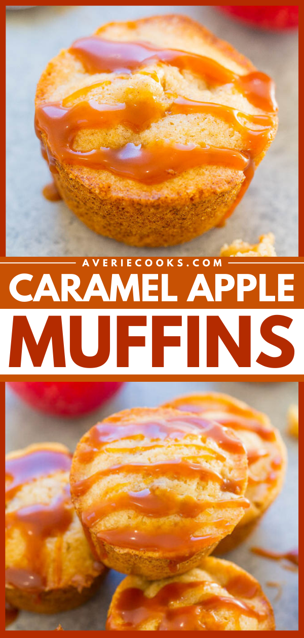 Caramel Apple Muffins — Soft, fluffy, springy, loaded with chunks of apples, and so much CARAMEL flavor!! EASY, no mixer needed, and you'd never guess they're accidentally vegan!!