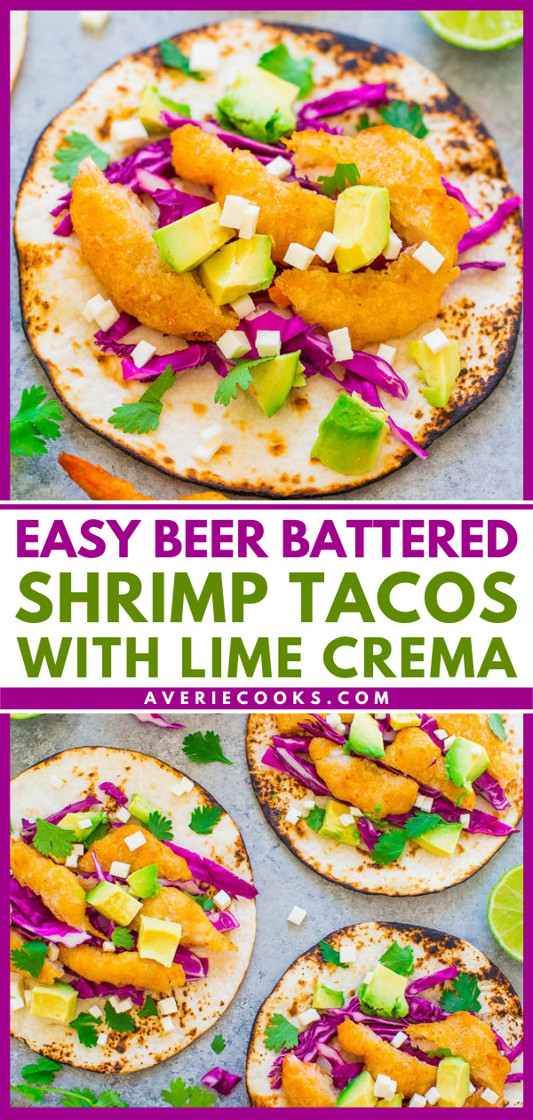 Beer Battered Shrimp Tacos with Lime Crema - Fast, EASY, restaurant-quality tacos at home!! Juicy beer-battered shrimp, avocado, cheese, and a zesty lime crema to top it off! Perfect for weeknight dinners and easy entertaining!!