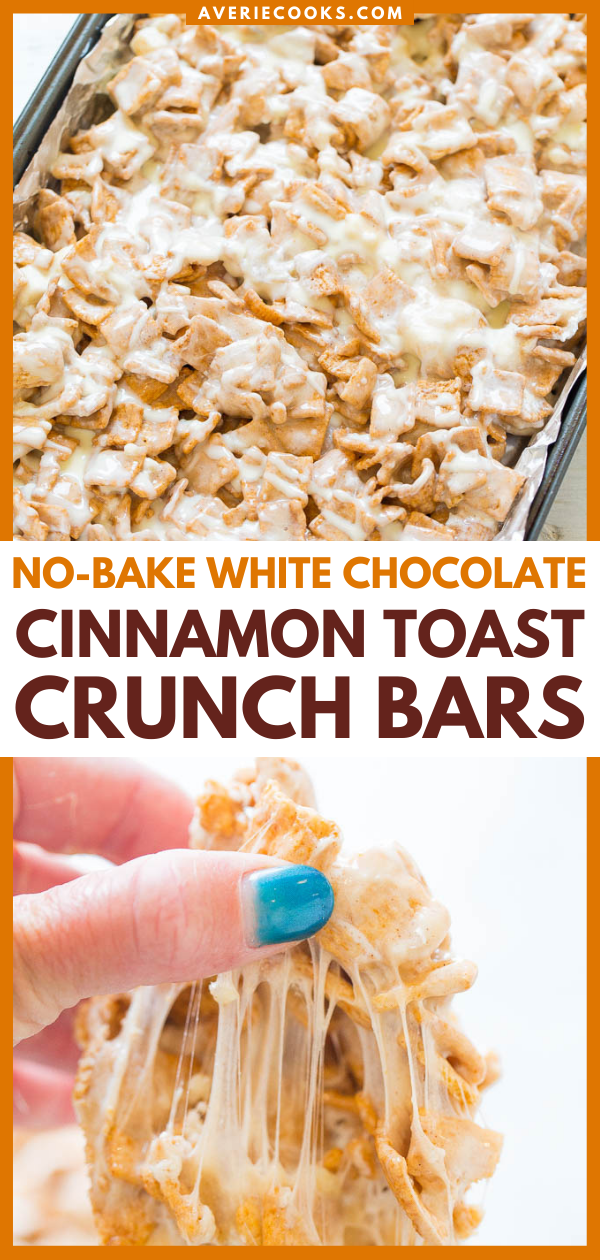 No-Bake White Chocolate Cinnamon Toast Crunch Bars — EASY, no-bake bars that are soft, chewy, supremely GOOEY, spiked with extra marshmallows, and white chocolate!! An IRRESISTIBLE hit with everyone!!