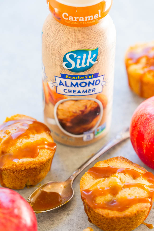 Silk Almond Creamer container next to caramel apple muffins 