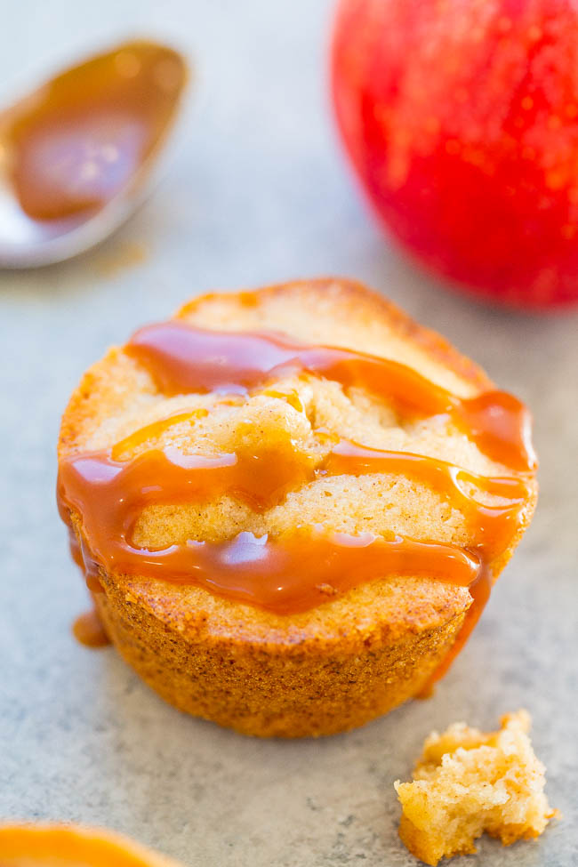 close up of an apple muffin drizzled with caramel sauce 