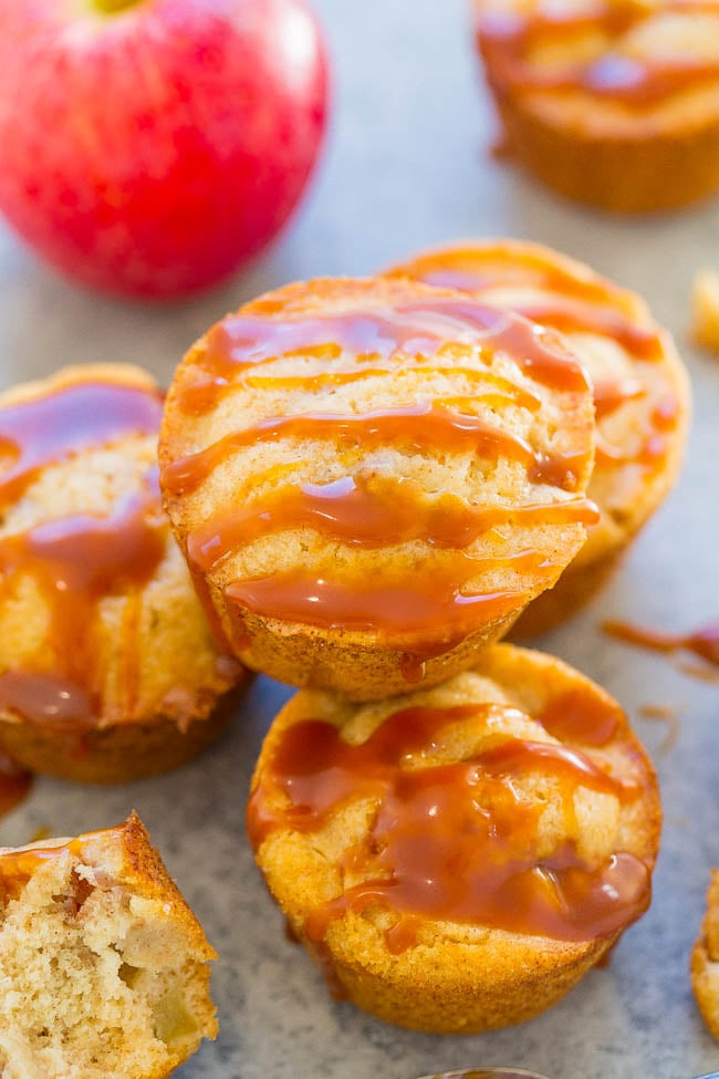 stack of four apple muffins drizzled with caramel sauce 