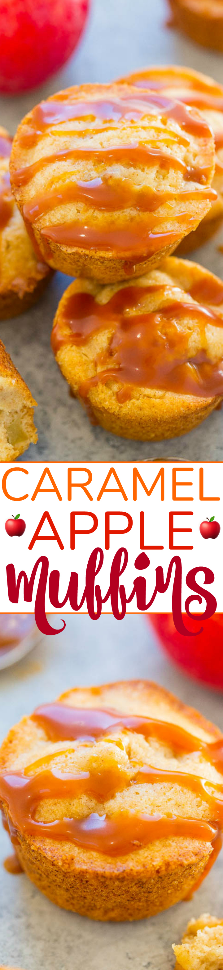 Caramel Apple Muffins - Soft, fluffy, springy, loaded with chunks of apples, and so much CARAMEL flavor!! EASY, no mixer needed, and you'd never guess they're accidentally vegan!! 