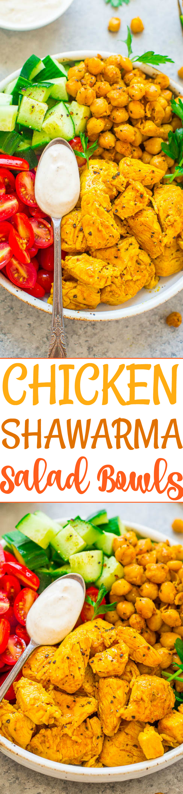 Easy Chicken Shawarma Salad Bowls - An EASY version of chicken shawarma that's fast, HEALTHY, and delish!! Fragrant spices, juicy lemony chicken, fresh veggies, and a tangy Greek-yogurt sauce that's cooling and PERFECT!!