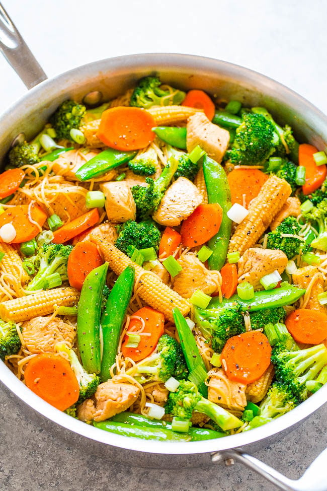 Overhead shot of Chicken Stir-Fry with Noodles in a pan