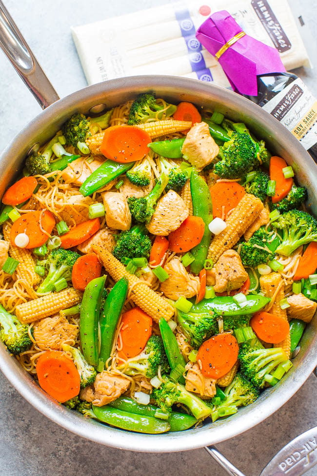 Chicken Stir-Fry with Noodles in a skillet 