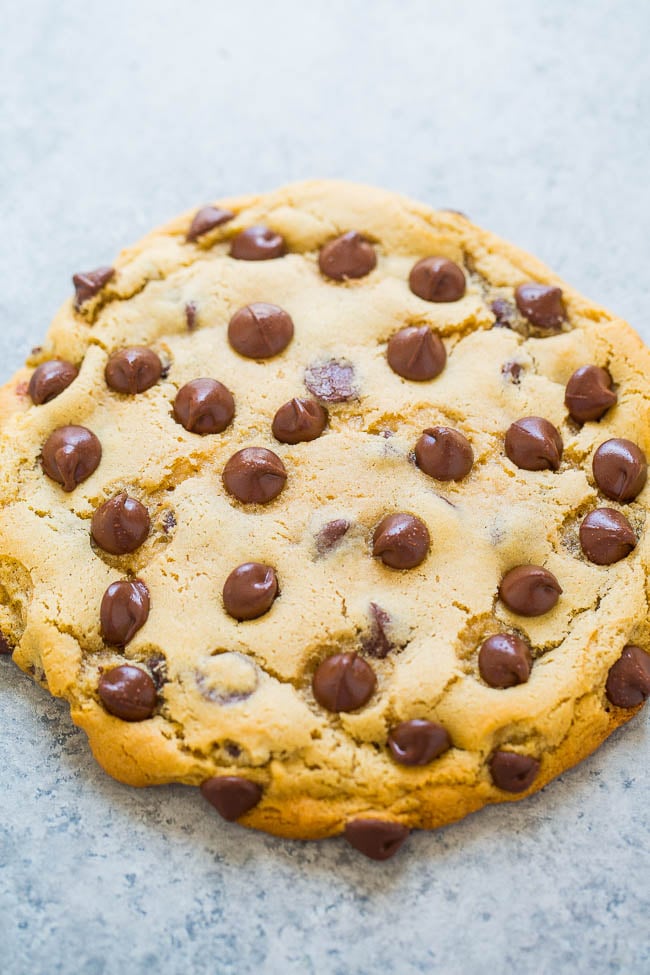 One-Bowl, No-Mixer, No-Chill, Giant Chocolate Chip Cookie For One — An incredibly FAST and EASY recipe that produces ONE extra-large soft and chewy cookie that's loaded with chocolate!! One bowl to wash, no mixer, and no waiting!!
