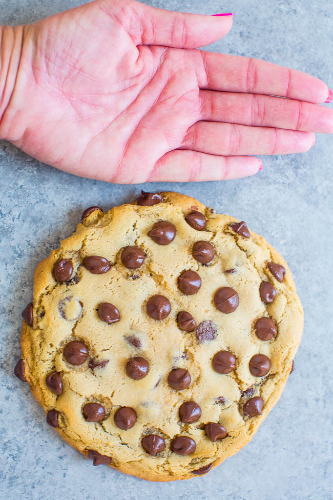 One-Bowl, No-Mixer, No-Chill, Giant Chocolate Chip Cookie For One — An incredibly FAST and EASY recipe that produces ONE extra-large soft and chewy cookie that's loaded with chocolate!! One bowl to wash, no mixer, and no waiting!!
