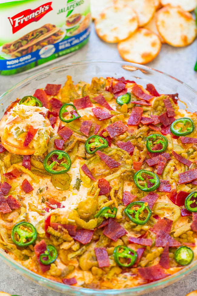 Bacon Jalapeño Popper Dip - Same great flavor as bacon-wrapped jalapeño poppers, minus the work!! Creamy, CHEESY, loaded with bacon, and topped with CRISPY jalapeños! Fast, EASY, perfect for parties!!