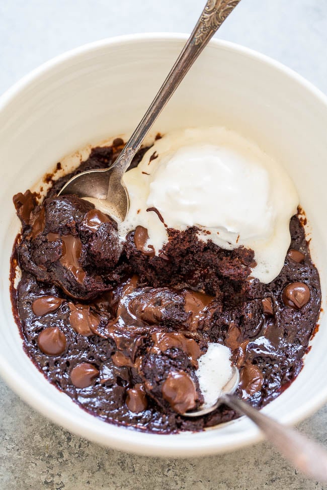 One-Minute Microwave Brownie - When chocolate cravings strike, make this EASY brownie recipe in one bowl, without a mixer, and it's ready in ONE MINUTE!! Rich, FUDGY, decadent, and accidentally vegan!! (no dairy, no butter, no eggs!)