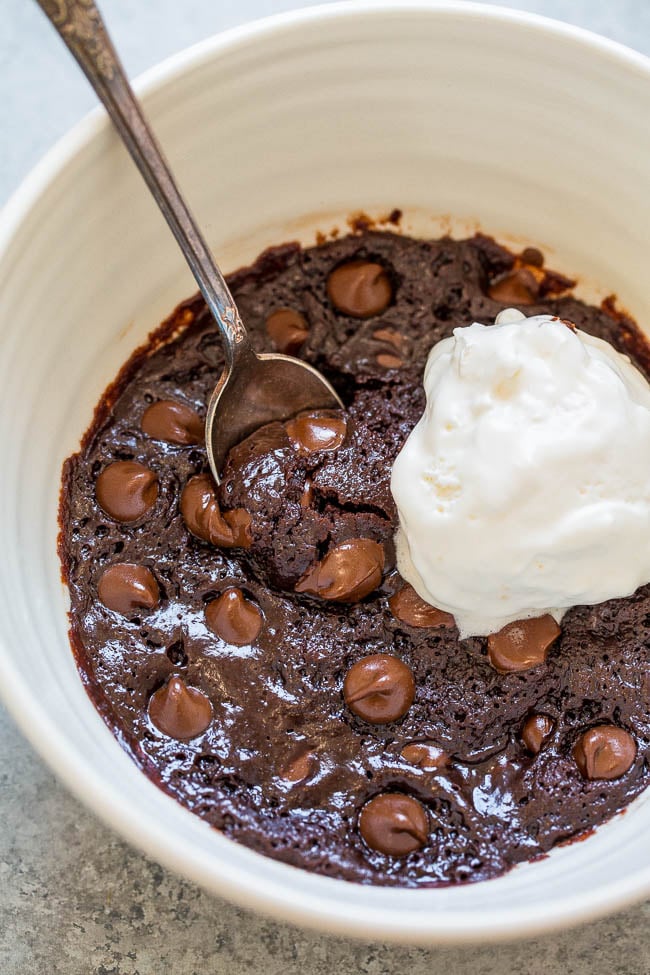 microwave mug brownie topped with scoop of ice cream